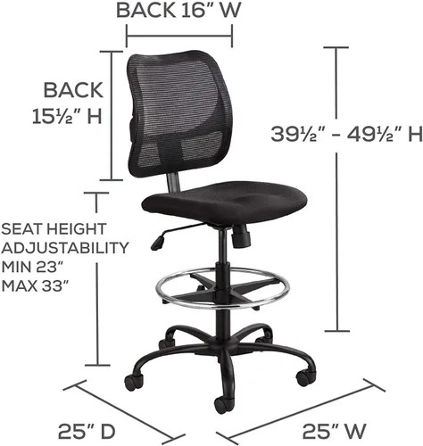 Miniatura 2 de Safco Silla con ruedas, altura extendida, malla de vinilo negro, altura ajustable, respaldo de apoyo y diseño ergonómico, capacidad de 250 libras