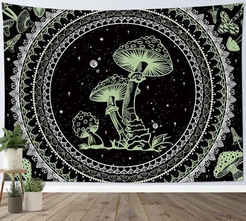 Miniatura 25 de SCECALA Tapiz bohemio de hongos, mandala blanco y negro para colgar en la pared para dormitorio, decoración bohemia del hogar, 60 x 40 pulgadas