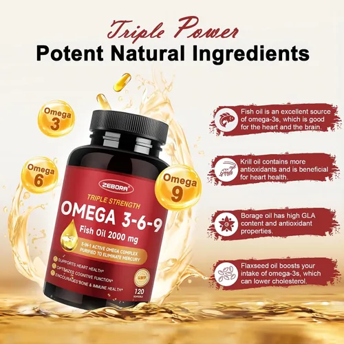 Miniatura 3 de ZEBORA Triple Omega 3-6-9 - Aceite de pescado de 2000 mg - Alta potencia con vitamina D3 y astaxantina, apoyo para la salud cardíaca, cerebral e