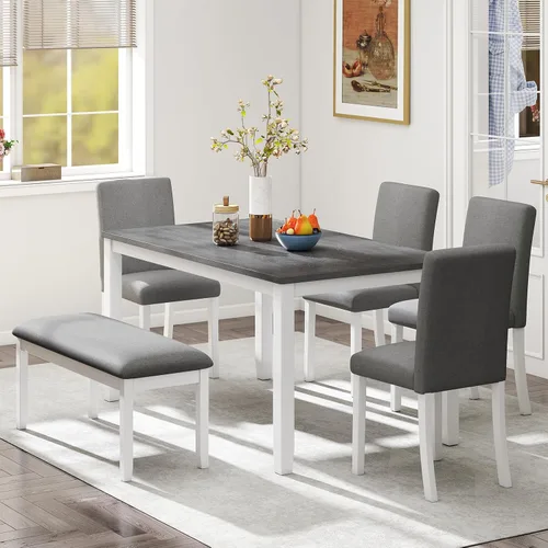 Miniatura 8 de Zevemomo Juego de mesa de comedor de madera maciza de 6 piezas, incluye 1 mesa de comedor, 4 sillas tapizadas y 1 banco, juego de mesa de comedor