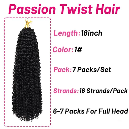 Miniatura 4 de Dorsanee Cabello Trenzado Passion Twist Negro de 18 Pulgadas, 7 Paquetes, Cabello de Ganchillo Water Wave, Cabello Largo Bohemio Rizado