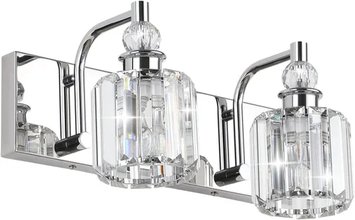Ralbay - Luces de tocador de cristal, 2 luces, modernas lámparas de cromo de cristal para iluminación de baño, para usar sobre el espejo