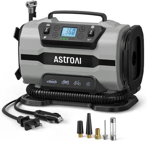 Miniatura 10 de AstroAI Inflador de neumáticos, bomba de compresor de aire portátil de 150 PSI, 12 V CC/110 V CA con motores de metal duales y luz LED, accesorios