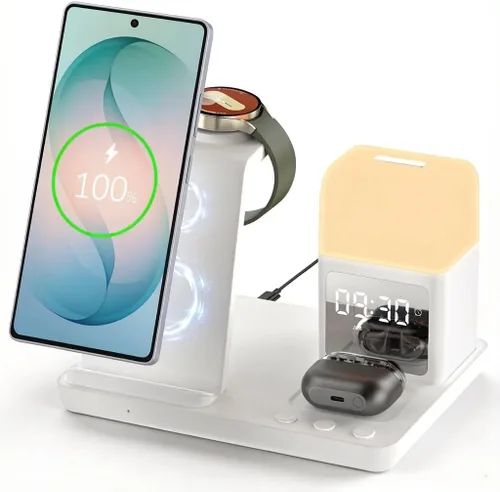 Miniatura 8 de Cargador inalámbrico para Samsung/Android, 6 en 1, estación de carga para teléfono con despertador/luz nocturna para Samsung S25/S24/S23
