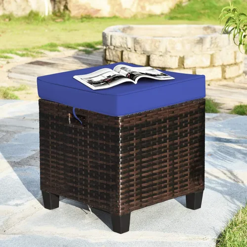 Miniatura 3 de HAPPYGRILL Juego de 2 otomanas de mimbre de ratán para exteriores, con cojines extraíbles, muebles de patio, reposapiés, asiento para reposapiés