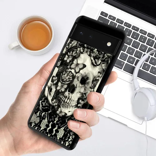 Miniatura 5 de ZHEGAILIAN Funda compatible con Google Pixel 7, diseño de esqueleto de encaje gótico victoriano, diseño de esqueleto de silicona suave, TPU