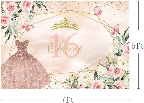 Miniatura 3 de AIBIIN Telón de fondo de cumpleaños de 7 x 5 pies, vestido rosa, floral, corona dorada, puntos con purpurina, decoración de fiesta de cumpleaños