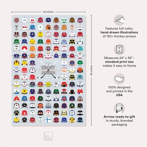 Miniatura 2 de Pop Chart Compendio visual de camisetas de hockey Póster artístico grande de 24 x 36 pulgadas Historia completa de la NHL y uniformes