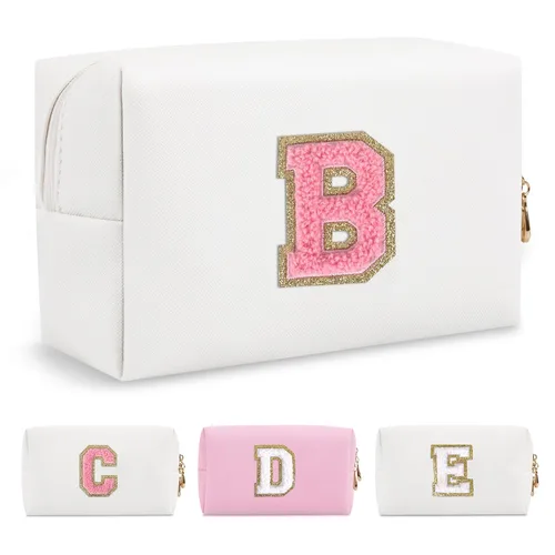 Miniatura 127 de Pequeña bolsa de maquillaje personalizada con inicial A-Z Preppy Patch, bolsa de cosméticos de viaje de felpilla blanca con cremallera, bonita bolsa