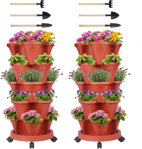 Miniatura 36 de Macetas apilables de polipropileno DUNCHATY, de 5 niveles, verde pino, para interior/exterior, 29" de altura x 13.6" de diámetro 2-1 Paquete