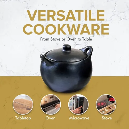 Miniatura 2 de Olla Auténtica Chamba para Sopa y Frijoles - Elegante Olla Holandesa Artesanal de Arcilla Negra con Tapa - Perfecta para Sopas, Frijoles, Caldos