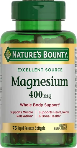 Nature's Bounty Magnesio 400 mg en cápsulas blandas, Apoyo para todo el cuerpo, Suplementos de magnesio para hombres y mujeres, salud del corazón,