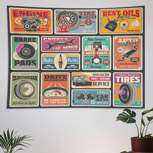 ZhiRain Tapiz retro para colgar en la pared, servicio de auto y centro de automóvil, tapices vintage para decoración del hogar para sala de estar,