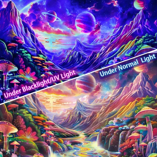 Miniatura 4 de Lahasbja Blacklight Galaxy Planet Tapiz UV Reactive Hongo Colgante de Pared Fantasía Estrellas Estrelladas Paisaje Montaña Paisaje Luz Negra Póster