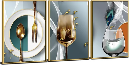 Miniatura 17 de AIYISU 3 piezas de arte de pared de cocina con copas de vino para decoración de pared del comedor Cuadros de copas de vino en teja, gris y oro