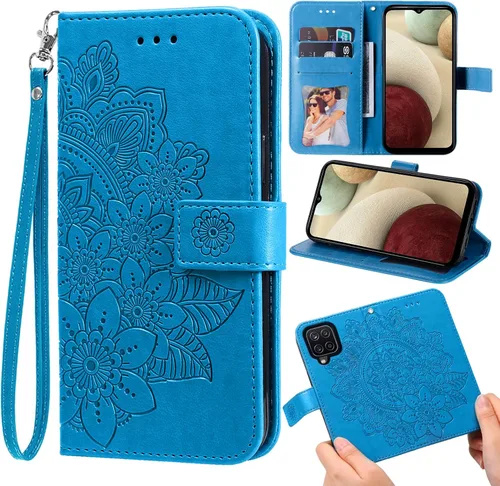 Compatible con Samsung Galaxy A12/M12 - Funda tipo cartera y protector de correa de muñeca de cuero con diseño de flores, soporte para tarjetas de