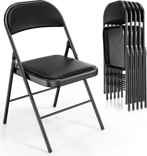 Miniatura 24 de VINGLI Paquete de 4 sillas plegables con asientos acolchados, marco de metal con asiento y respaldo de piel sintética, capacidad de 350 libras, Negro