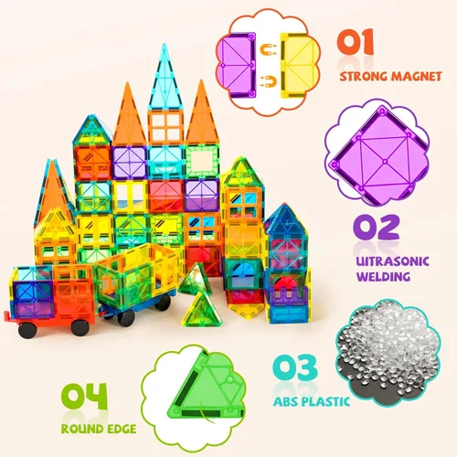 Miniatura 4 de cossy Juego de 120 bloques de construcción magnéticos 3D con azulejos magnéticos, juguetes educativos de construcción para niños y niñas de 3, 4, 5