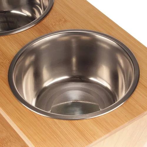 Miniatura 6 de BambooMN Comedero elevado para perros, soporte 100% bambú, 4 cuencos de metal para comida y agua, mediano