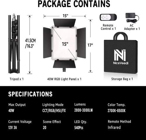 Miniatura 8 de NiceVeedi Iluminación de fotografía RGB de 40 W con 20 efectos, 360° a todo color/2700-6500K luces de estudio con control remoto y pantalla