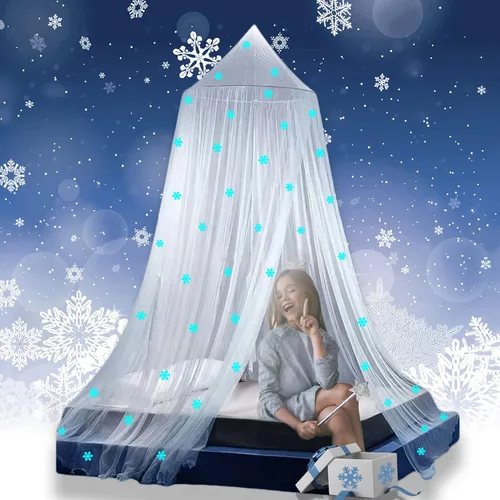Miniatura 12 de Toldo de cama de princesa que brilla en la oscuridad, toldo de cama de copos de nieve de Navidad para decoración de habitación de niñas, tela