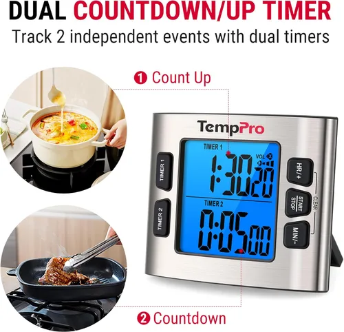 Miniatura 2 de ThermoPro TM02 - Temporizador digital de 24 horas con temporizadores de cocina duales para cocinar, cronómetros, reloj magnético con volumen
