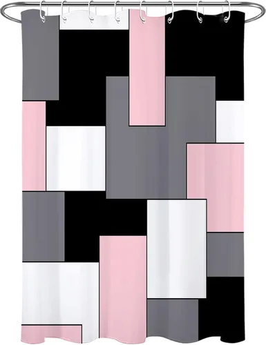 Miniatura 6 de HVEST Cortina de ducha moderna rosa con ganchos, cortina de ducha geométrica abstracta gris y blanco para baño, juego de cortina de ducha