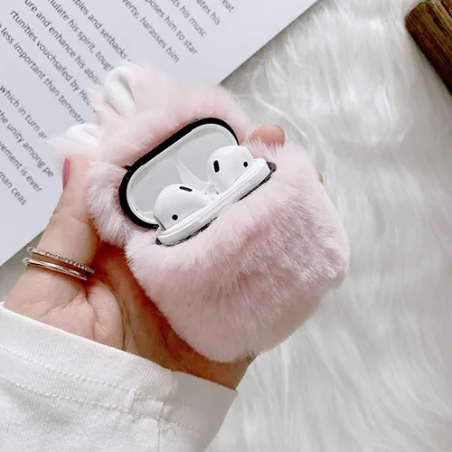 Miniatura 8 de Guppy Compatible con AirPods Furry Bunny Case Girls 3D Cartoon Cute Rabbit Ears Plush Fluffy Warm Funda de transporte suave funda protectora Rosa