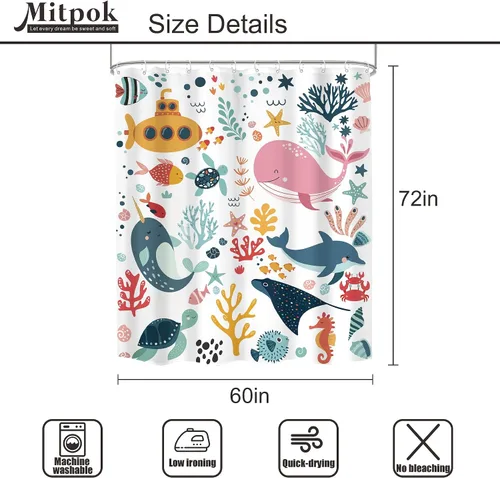 Miniatura 5 de Cortina de ducha para niños, océano, verano, linda ballena de dibujos animados, divertida decoración de baño para guardería, niños y niñas