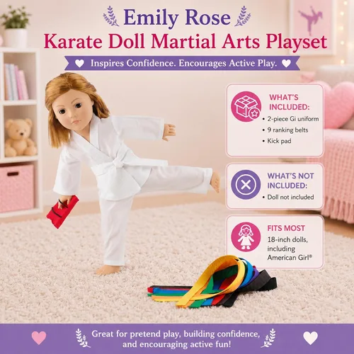 Miniatura 2 de Emily Rose - Conjunto de 11 piezas de ropa y accesorios para muñecas de taekwondo de artes marciales de 18 pulgadas con 9 cinturones