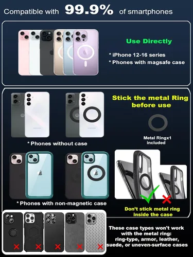 Miniatura 4 de Soporte magnético de teléfono con succión al vacío, soporte magnético para teléfono para iPhone 16 MagSafe, ideal para pantalla de automóvil, Negro