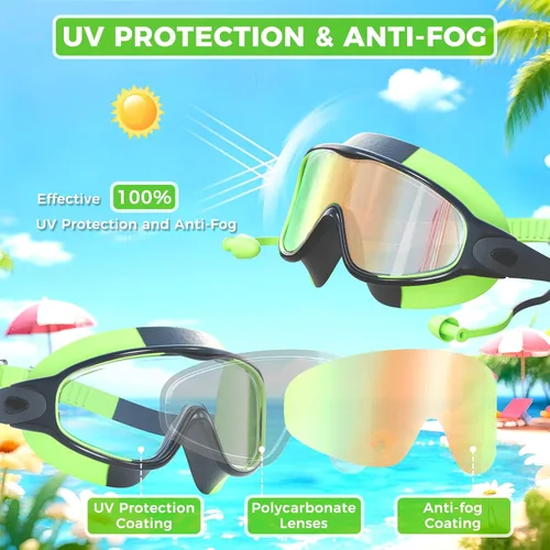 Miniatura 3 de Paquete de 3 gafas de natación para niños, con tapones para los oídos, marco grande, antivaho, UV, visión amplia, para niños y niñas de 4 a 12 años