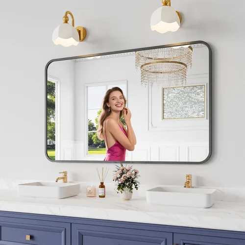 Miniatura 47 de Koonmi Espejo de baño, 30 x 30 pulgadas, espejo con marco de metal negro para baño, vidrio templado, antioxidante, espejo rectangular redondeado