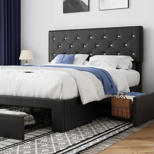 Miniatura 19 de VECELO Base de cama de tamaño individual, plataforma tapizada con cabecera ajustable de diamante, soporte de listones de madera, no necesita somier
