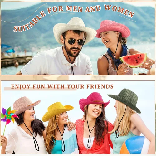 Miniatura 4 de Suhine 15 sombreros de vaquero de paja para hombres y mujeres, coloridos sombreros de fiesta occidental a granel, protección solar a granel, vaquera