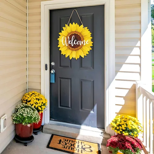 Miniatura 5 de 2 piezas de girasol de verano para puerta de bienvenida, letrero colgante de madera para camión con diseño de girasol Hello Sunshine Wall Porche Art
