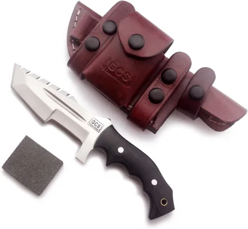 GCS - Cuchillo de caza de acero D2 hecho a mano G10, mango fijo, cuchillo de hoja fija, mano derecha, funda de cuero de búfalo y piedra de afilar
