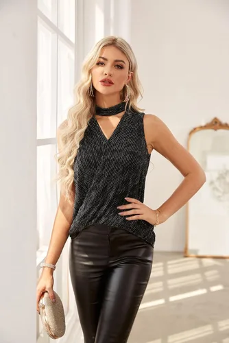 Miniatura 7 de GRACE KARIN Camisetas sin mangas con lentejuelas brillantes para mujer, cuello en V, adelgazante, con purpurina, camisetas de fiesta de discoteca
