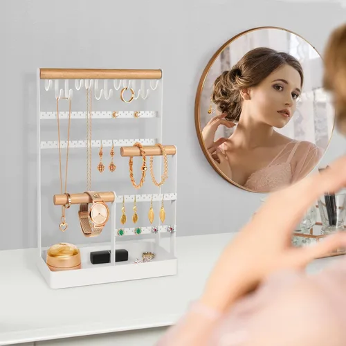 Miniatura 7 de PAMANO Organizador de joyas, soporte para collares, soporte de joyería de 6 niveles, estante de exhibición de aretes, 12 ganchos para colgar