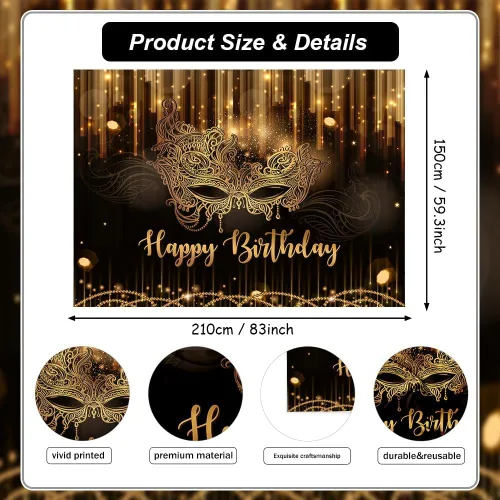 Miniatura 3 de AIBIIN Máscara de fondo de feliz cumpleaños de 7 x 5 pies, suministros de decoración de carnaval, cumpleaños, fiesta de baile, pancarta negra