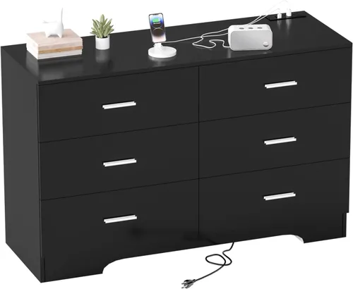 Miniatura 13 de GEPELCN Cómoda para dormitorio con tomas de corriente, cómoda de madera con 5 cajones con gran espacio de almacenamiento, cómoda negra con riel