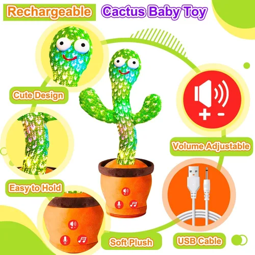 Miniatura 8 de Juguetes recargables para bebés, juguete de cactus que habla y baila para bebé, volumen ajustable, canto, imitación, repetición, juguetes infantiles