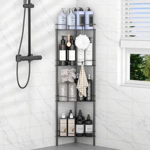 Miniatura 26 de HuggieGems Estante Organizador de Esquina para Ducha de 2 Niveles con Ganchos, Soporte de Estantes de Baño, Negro