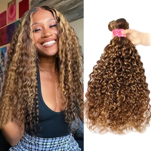 Borchan Paquetes de Cabello Humano Ondulado Water Wave 4/27, Paquetes Rubios con Mechas, Cabello Virgen Brasileño de 14 16 18 Pulgadas, Trama de