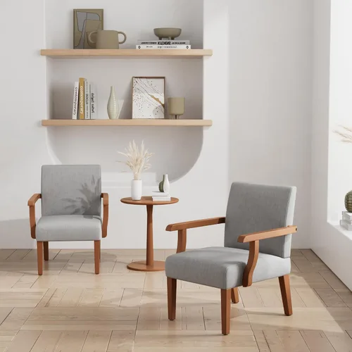 Miniatura 10 de Juego de 2 sillas decorativas con mesa a juego, sillas laterales tapizadas de lino de madera maciza para sala de estar, dormitorio, sala de espera