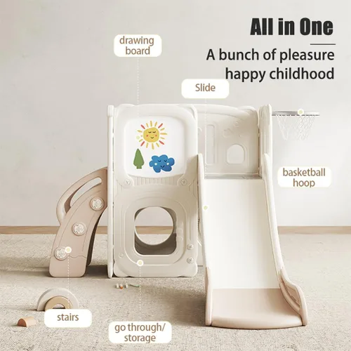 Miniatura 2 de Tobogán infantil para niños pequeños de 1 a 3 años, parque de juegos para interiores y exteriores, con escalador, aro de baloncesto, tabla