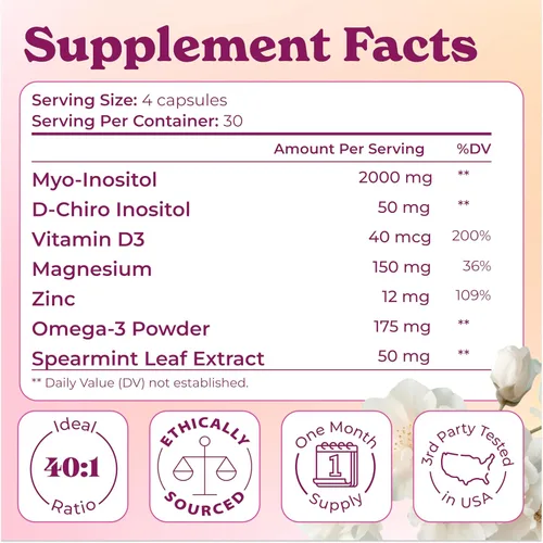 Miniatura 3 de Myo-inositol y D-Chiro Inositol 2000 mg por porción - Suplemento de inositol para mujeres Fórmula 40:1 con menta verde, vitamina D3, zinc y magnesio