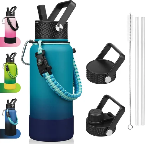 Miniatura 21 de BJPKPK - Botella de agua con tapa de popote, botellas de agua aisladas de 18 onzas con 3 tapas, asa de cuerda de paracaídas y base antideslizante