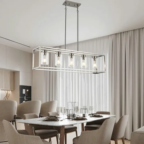 Miniatura 2 de XILICON - Lámpara colgante de comedor estilo granja de níquel cepillado, 5 luces, moderna, lámpara colgante contemporánea con pantalla de cristal