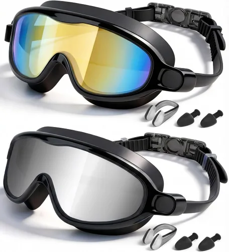 Miniatura 22 de Swim Goggles 2 Pack, Wide View Anti Fog&UV Swimming Goggles for Audlt, No Leaking Swim Glasses for Men Women Kids Aqua & Plata Brillante